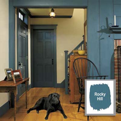 dog sitting in room with matching trim paint tying the transitions together