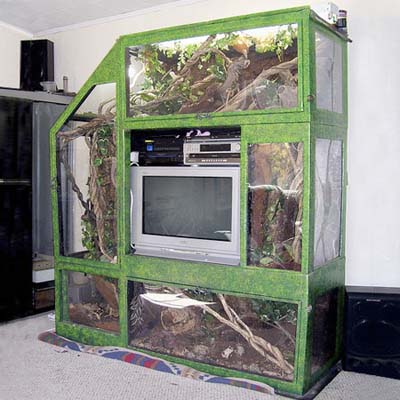 vivarium for reptiles built around a television