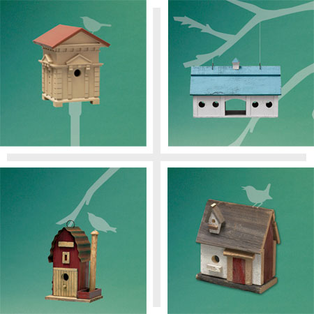 composite of four architectural style birdhouses