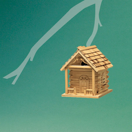 log cabin-style architectural birdhouse