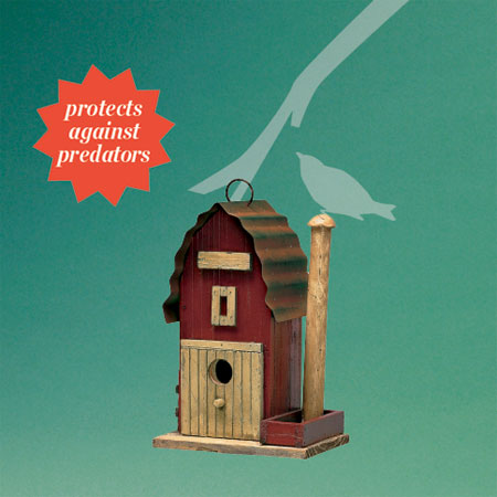 gambrel-roofed barn-style architectural birdhouse good for protecting birds against predators