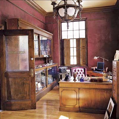 Stenciled pebbled glass door in postmaster's office of former post office 