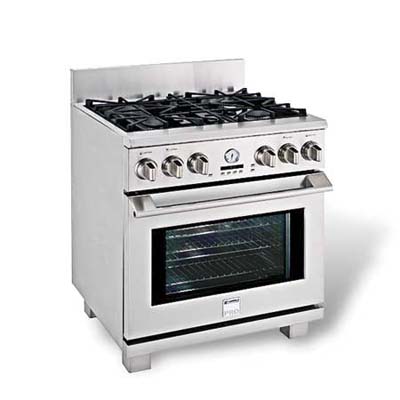 scaled down duel-fuel four-burner range with one electric oven