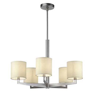 satin-nickle five arm chandelier with ceiling-mounted rod