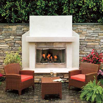 a gas fireplace on the patio