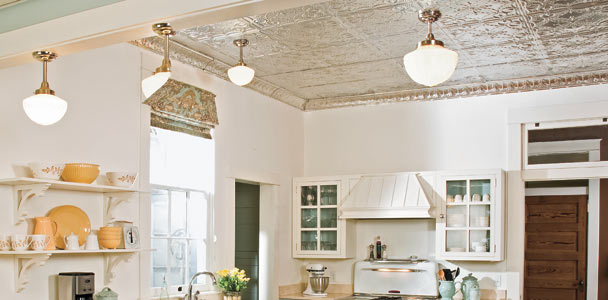 tin ceiling installed in a retro look kitchen