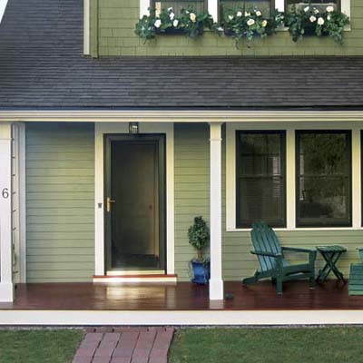 an closeup of front entryway and porch that were given a makeover
