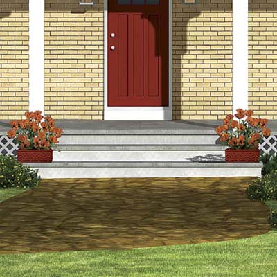 planters flank the entryway for the photoshop redesign of this ranch style house