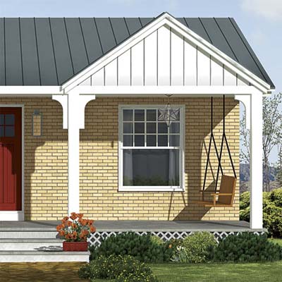 a porch with no-fuss materials and fun furnishings added to the photoshop redesign of this ranch style house