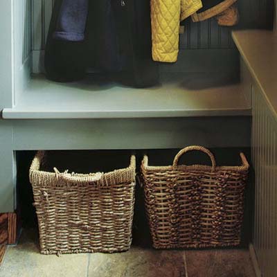 storage baskets and slate tile floor