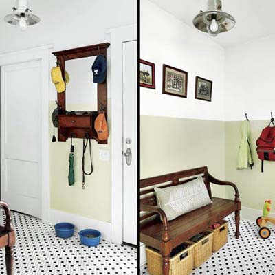 mudroom with hat rack, tile floor and wood bench