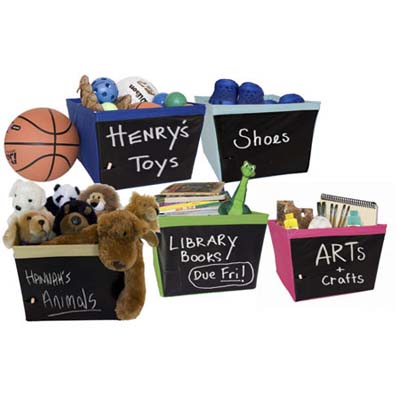 storage bins with chalkboard labels