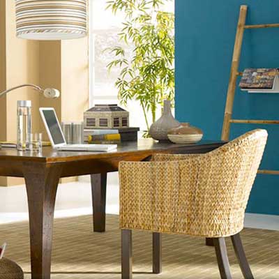 blue accent wall in beige office