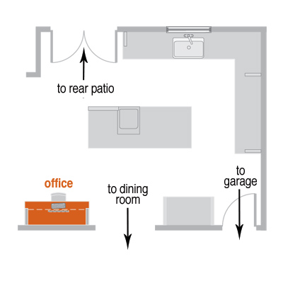 floor plan of home office built into kitchen