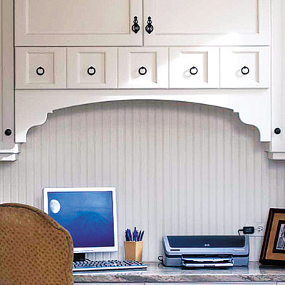 home office nook with beadboard and cabinets