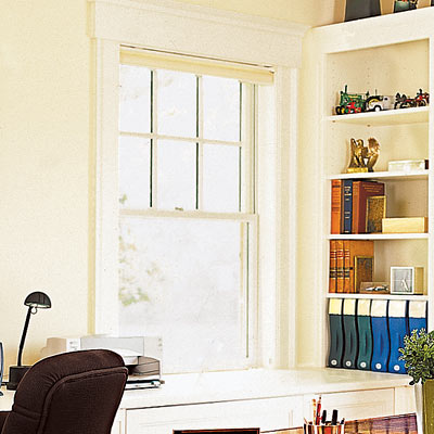 home office with window facing lake