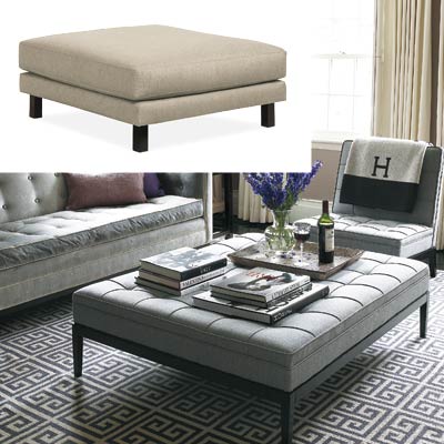 gray toned living room with oversize ottoman