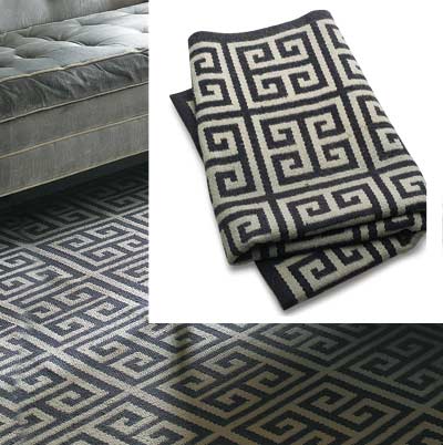 gray toned living room with graphic rug from jonathan adler