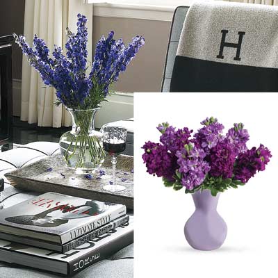 gray toned living room with purple flowers in vase from teleflora