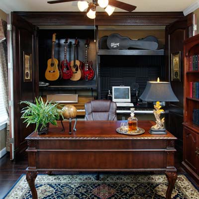 home office with hobby room and music storage 