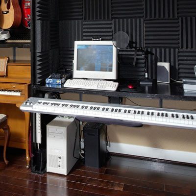 computer and music equipment stored in office storage area