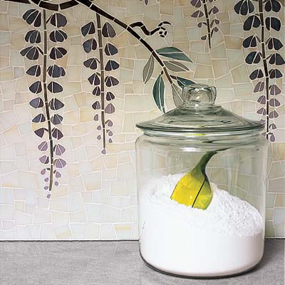 painted tile backsplash in spa laundry room