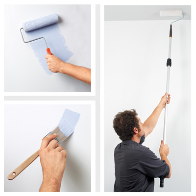 man painting walls with roller and paintbrush with comfortable grip