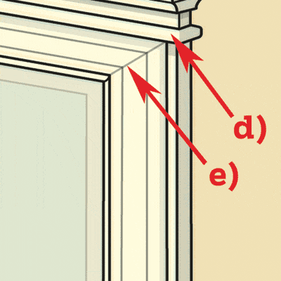 an illustration of interior window trim showing the crosshead strip and the mitered joint