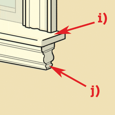 an illustration of interior window trim showing the horn and the bottom mitered return