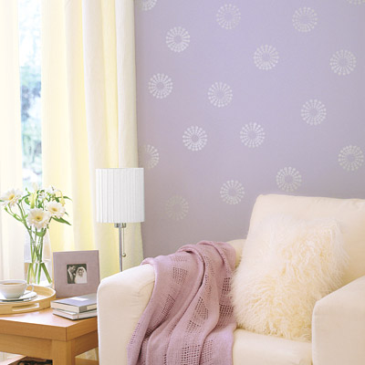 living room with lilac painted walls and stamped motif
