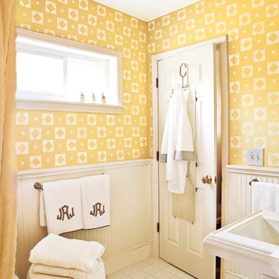 bathroom painted with lively stamp design