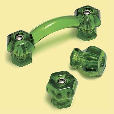 green glass knobs and pulls as vintage look kitchen hardware