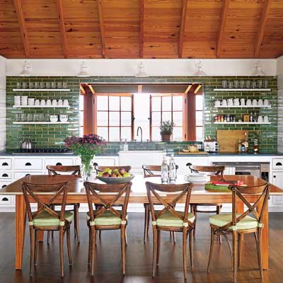 kitchen with green tiled wall