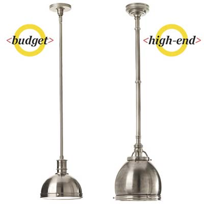 side by side photos for comparison of one budget and one high end nickle plated pendant lights