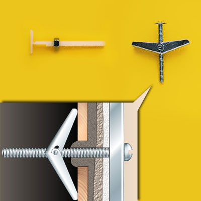 two types of toggle bolts and an illustration to show how the metal one works
