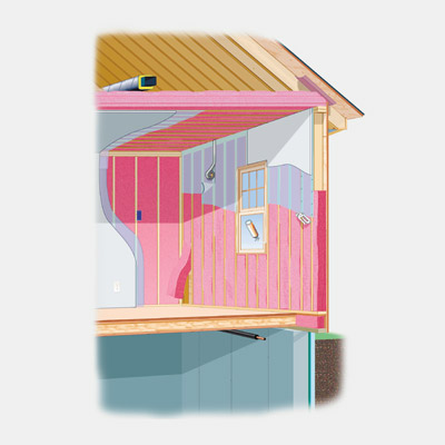 illustration of house with fiberglass insulation