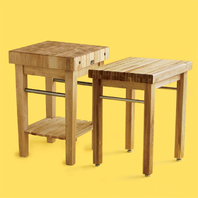 two examples of butcher-block kitchen worktables