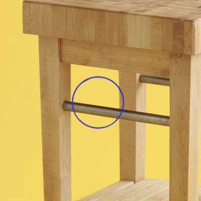 storage details of a high end butcher-block kitchen worktable