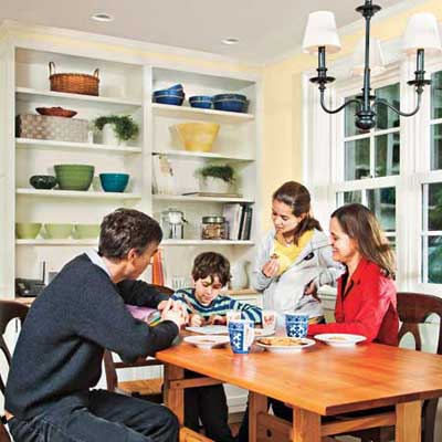 the Newton Centre, MA TV project remodeled breakfast nook area with the Pierce family sitting around the table