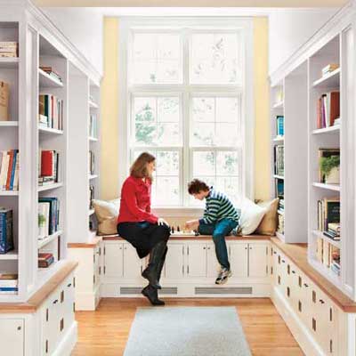 the Newton Centre, MA TV project remodeled library area with window seat
