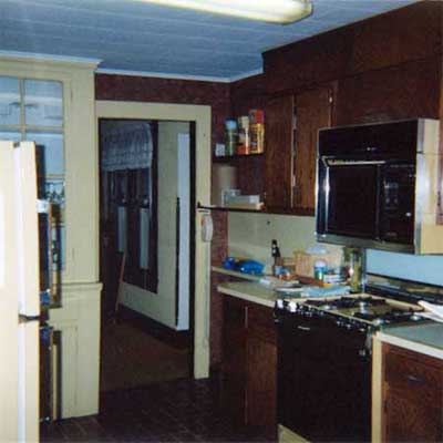 outdated kitchen with blue ceiling