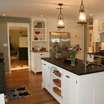 updated country kitchen with island and white cabinetry
