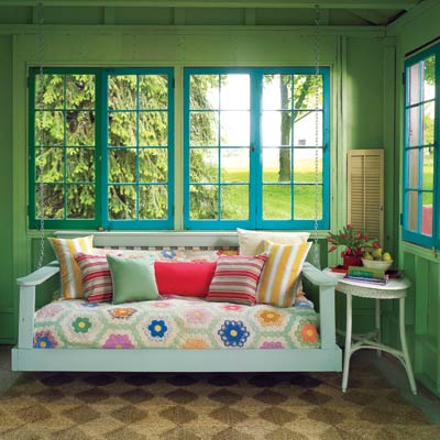 updated shed interior with swinging bench