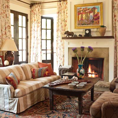 family room with fireplace and french doors to the outside