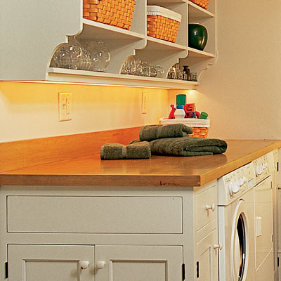 butcher block counter top in laundry room mud room
