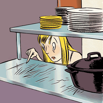illustration of a woman poring over scratches on the surface of a chef-style shelf