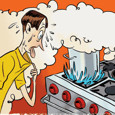 illustration of a man sweltering in front of a kitchen range