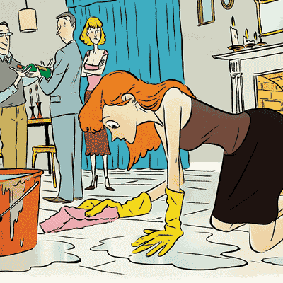 illustration of a woman on her knees with a sponge and bucket cleaning the floor while friends stare awkwardly