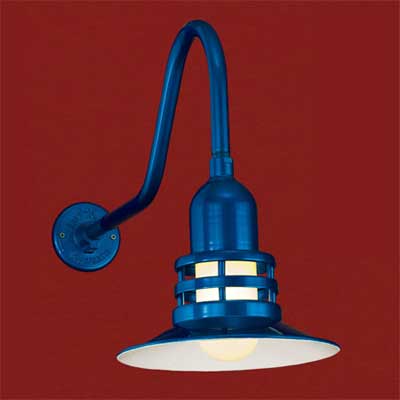 aluminum with a metallic-blue powder coating barn-style sconce