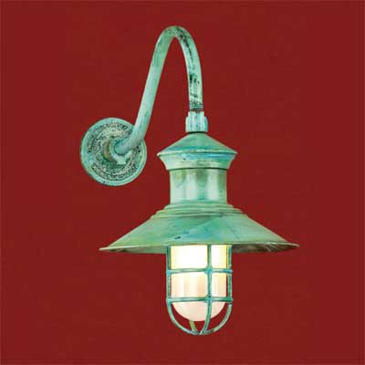 solid copper with a patinated finish barn-style sconce